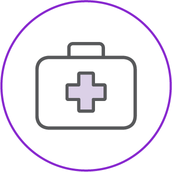 An illustration of a first aid kit, shown as a rectangular box with rounded corners and a handle on top. A purple cross symbol is centered on the box, and the entire illustration is enclosed within a purple circular border.