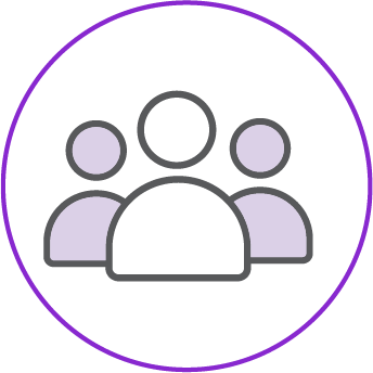 An icon depicting three stylised human figures inside a purple circle. The central figure is larger and in white, while the two smaller figures on either side are in light purple.