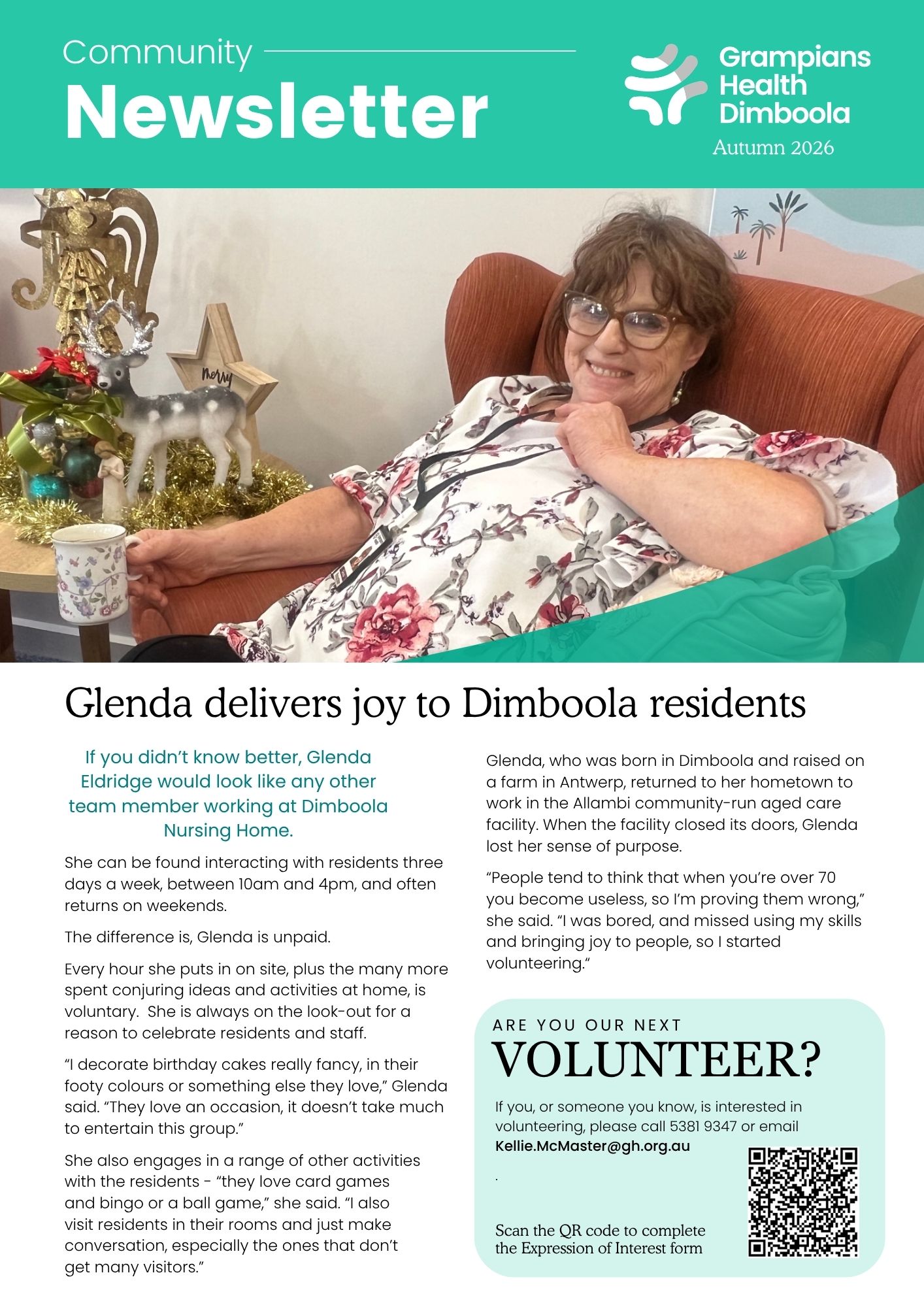 Community newsletter featuring a seated resident holding a mug, with festive decorations, alongside an article about bringing joy to Dimboola residents and volunteering at a nursing home.