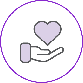 An icon of an open hand with a heart floating above it, enclosed within a purple circular border. The hand and heart are outlined in grey, with the heart filled in light purple.