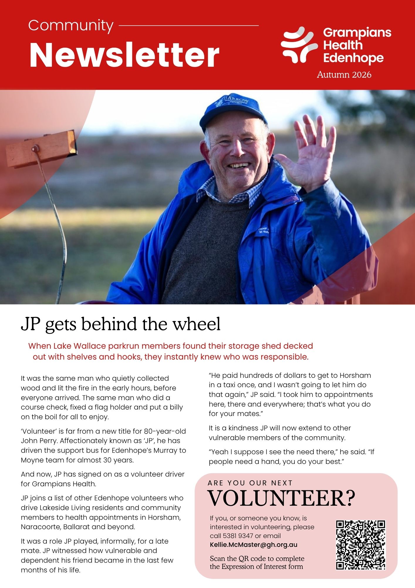 Community newsletter cover featuring a person in a blue jacket and cap waving while seated near a vehicle in a rural outdoor setting, with Grampians Health Edenhope logo and Autumn 2026 headline.