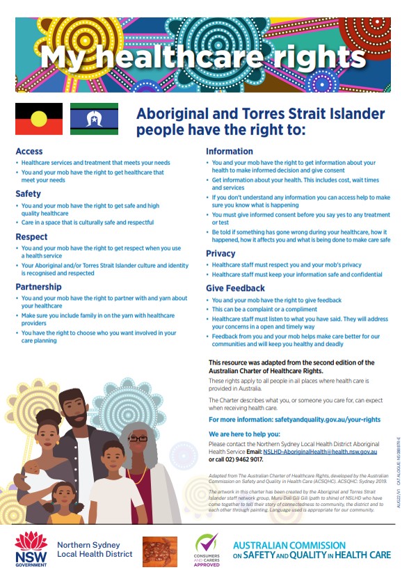 My Healthcare Rights" featuring vibrant Indigenous artwork and flags representing Aboriginal and Torres Strait Islander peoples. It outlines healthcare rights for Aboriginal and Torres Strait Islander people, including access, safety, respect, partnership, information, privacy, and feedback. Includes logos from NSW Health and other organizations, with an illustration of a diverse family in the bottom corner.