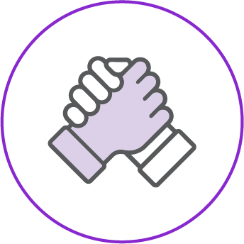 Icon of two hands clasped in a handshake, one white and one light purple, enclosed in a circular purple border.