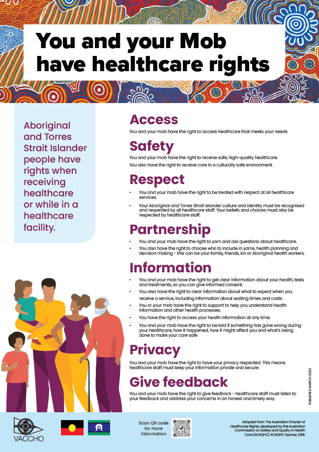 My Healthcare Rights" featuring vibrant Indigenous artwork and flags representing Aboriginal and Torres Strait Islander peoples. It outlines healthcare rights for Aboriginal and Torres Strait Islander people, including access, safety, respect, partnership, information, privacy, and feedback. Includes logo from VACCHO, with an illustration of a diverse family in the bottom corner.