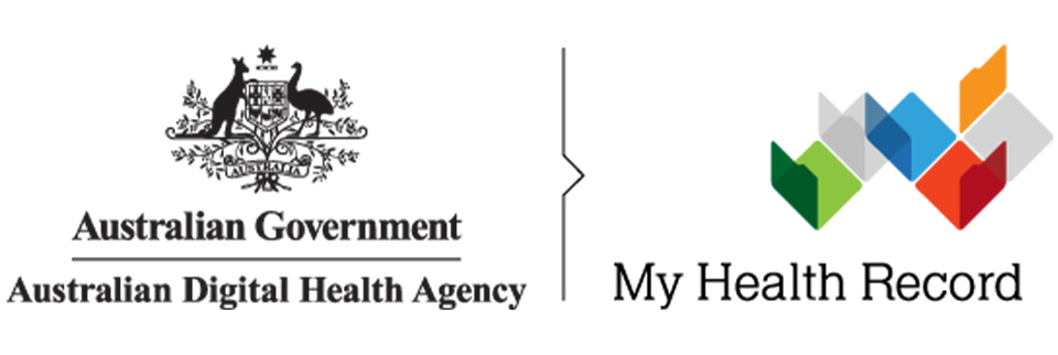 Two logos side by side. Left: Australian Government logo with a coat of arms and text "Australian Government" and "Australian Digital Health Agency." Right: My Health Record logo with colorful geometric shapes and text "My Health Record".