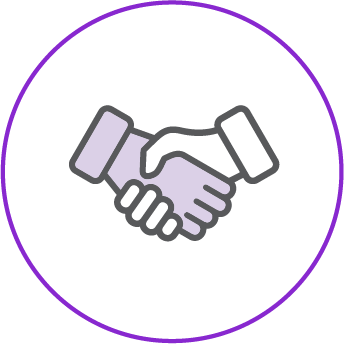 An icon of two hands shaking, symbolising a handshake. The hands are outlined in gray, with one hand shaded in light purple and the other in white. The icon is enclosed within a purple circular border on a white background.