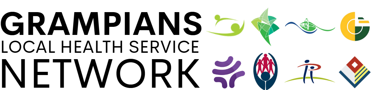 GLHSN With Service Logos NEW GRAMPIANS LOCAL HEALTH SERVICE NETWORK title surrounded by colorful logos representing various health services, each with unique abstract designs and symbols in green, blue, yellow, purple, red, and other colors.