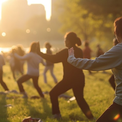 Group of people in a park during the setting sun in a Tai Chi pose with one arm out in front while leaning forward.