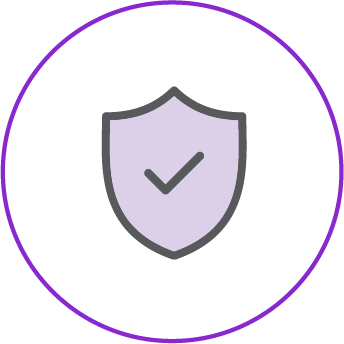 Illustration of a shield with a checkmark inside, symbolising security or protection. The shield is light purple with a dark grey outline and checkmark, enclosed within a thin purple circle.