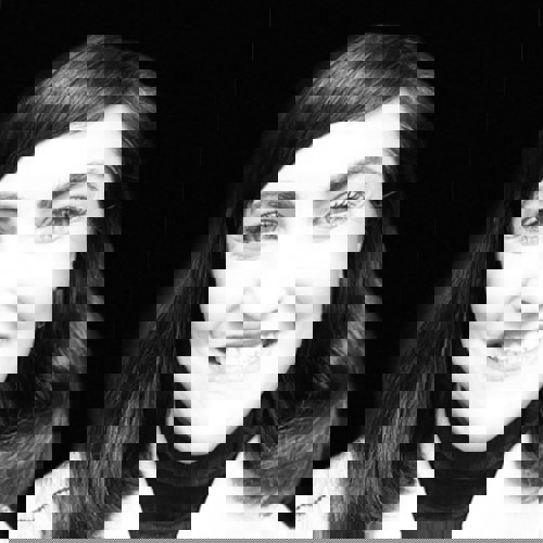 Black and white image of Jacqui O'Brien