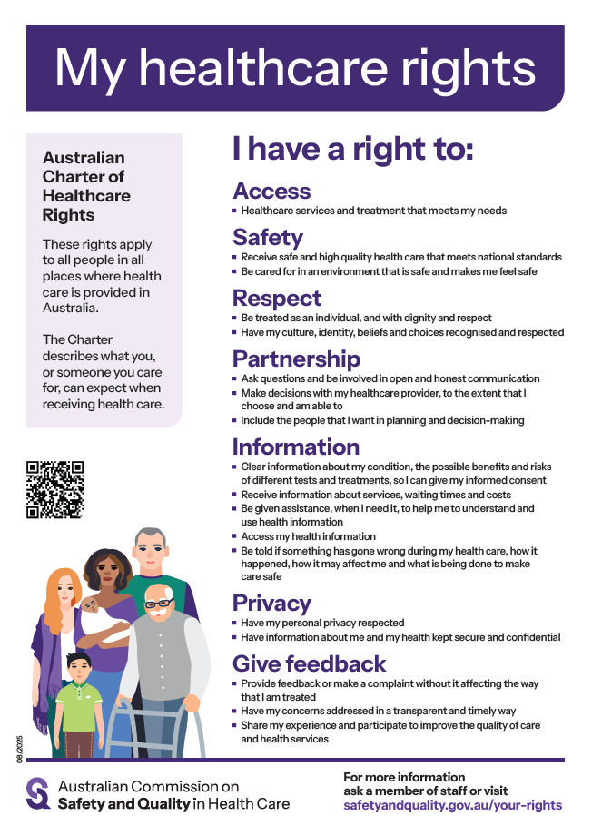 Poster titled "My healthcare rights" from the Australian Commission on Safety and Quality in Health Care. It outlines the second edition of the Australian Charter of Healthcare Rights, listing seven key rights: Access, Safety, Respect, Partnership, Information, Privacy, and Give feedback. Each right is briefly explained with bullet points. The poster includes a QR code and illustrations of diverse individuals representing different ages and abilities.
