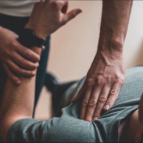 A medical professional treating a patients shoulder
