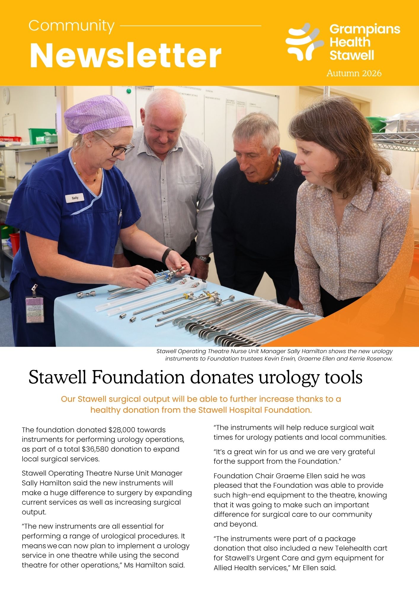 Healthcare staff reviewing urology surgical instruments on a table, featured in a community newsletter for Autumn 2026.