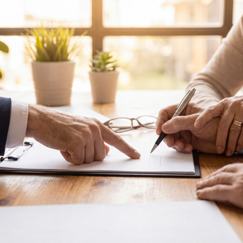 A person points to a document on a clipboard while another signs it at a wooden table, with plants and a window in the background.