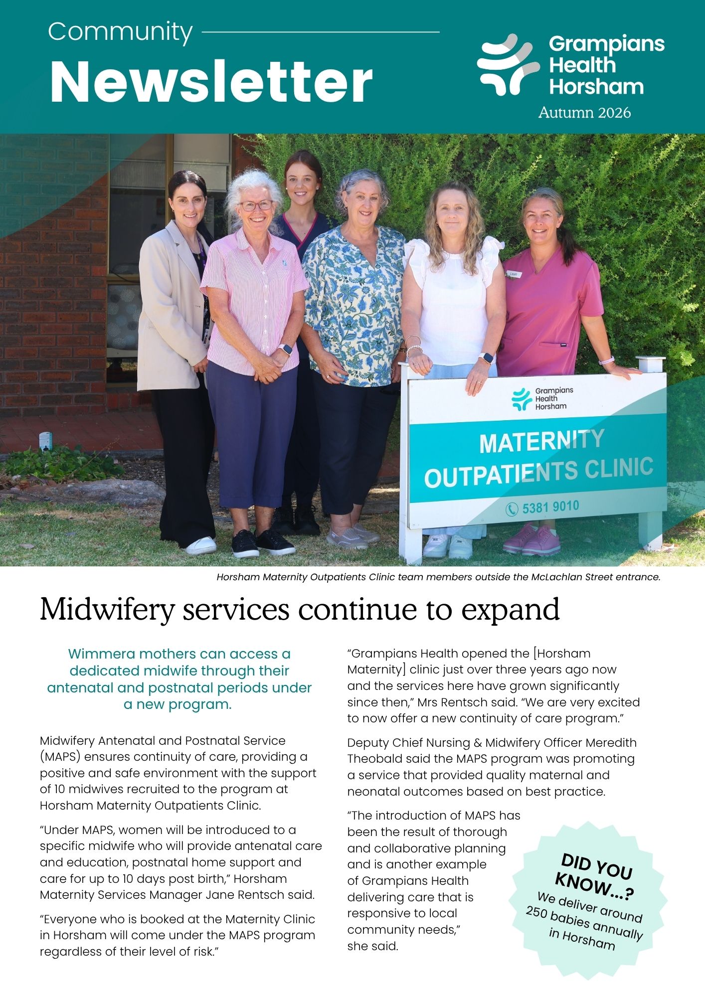 Community newsletter image from Autumn 2026 showing the Horsham Maternity Outpatients Clinic team outside the clinic entrance beside the clinic sign.