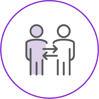 Icon showing two simplified human figures facing each other, one in light purple and the other outlined in grey, with bidirectional arrows between them, enclosed in a purple circular border.