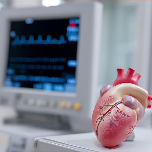 An anatomical model of a human heart resting on a medical cart, with a blurred patient monitor showing heart rhythm lines in the background.