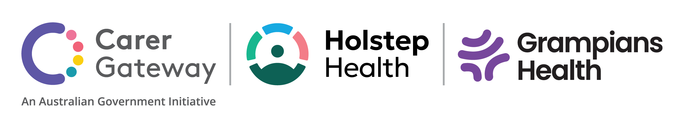 Grampians Health Tri Brand Logo Horizontal Colour (2) The image shows three logos side by side. From left to right: the "Carer Gateway" logo with the tagline "An Australian Government Initiative," featuring a stylized 'C' made of colorful dots; the "Holstep Health" logo with a segmented circular design in green, blue, and pink around a central abstract human figure; and the "Grampians Health" logo with a purple abstract symbol resembling interconnected lines or waves.