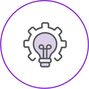 An icon featuring a light bulb inside a gear, symbolising innovation or ideas related to technology and engineering. The light bulb is centered within the gear, and the entire icon is enclosed within a purple circular border.