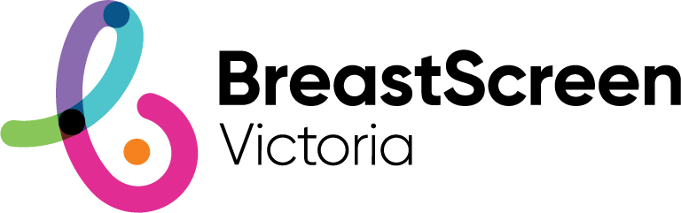 Logo of BreastScreen Victoria featuring a stylized, multicolored ribbon forming a lowercase "b" with overlapping green, purple, blue, and pink segments, a black dot at the intersection, and an orange dot inside the loop. To the right, the text reads "BreastScreen" in bold and "Victoria" below in a lighter font.