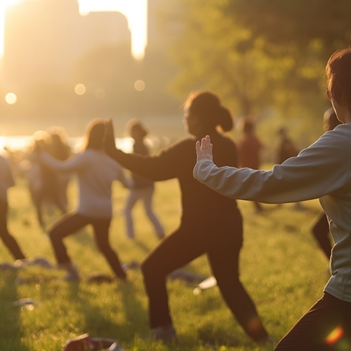 Group of people in a park during the setting sun in a Tai Chi pose with one arm out in front while leaning forward.